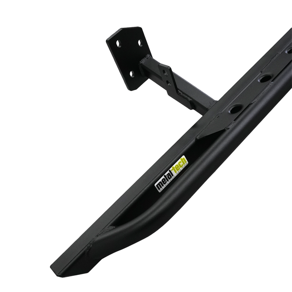 Close-up of black Metal Tech 4x4 rock slider with mounting bracket and logo for 2010-2013 4Runner SR5 Limited.