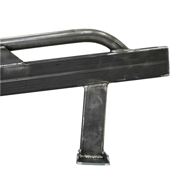 Close-up of raw steel rock slider bracket with welds for 100 Series Land Cruiser LX470 installation.