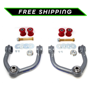 Pair of gray upper control arms with red bushings, bolts, washers, and grease fittings for 2000-2006 Tundra and 2001-2007 Sequoia.