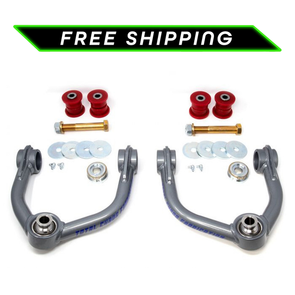 Pair of gray upper control arms with red bushings, bolts, washers, and grease fittings for 2000-2006 Tundra and 2001-2007 Sequoia.