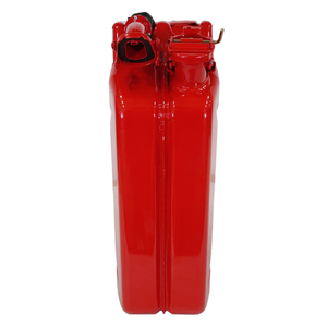Red metal fuel can with dual compartments and a secure locking cap, shown from the top angle.