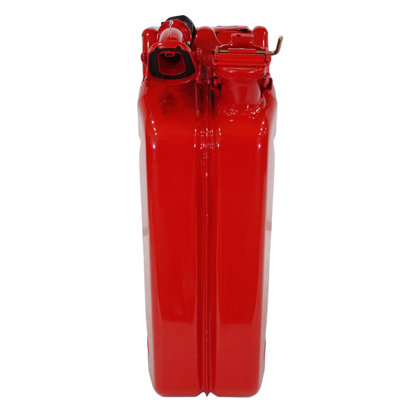 Red metal fuel can with dual compartments and a secure locking cap, shown from the top angle.