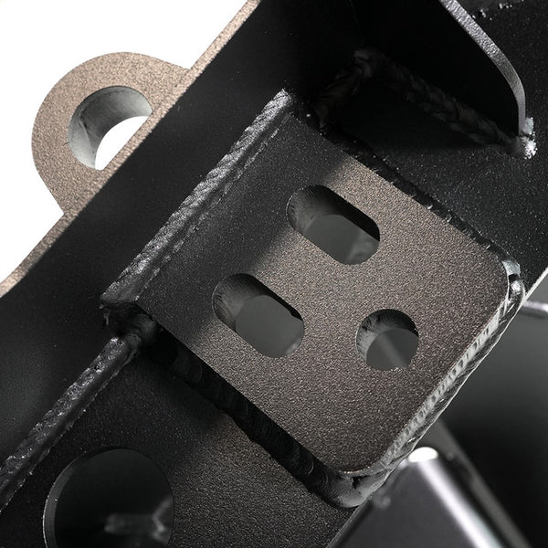 Close-up of black powder-coated steel bracket with welded joints on 5th Gen 4Runner TRD Pro Fortress front bumper.
