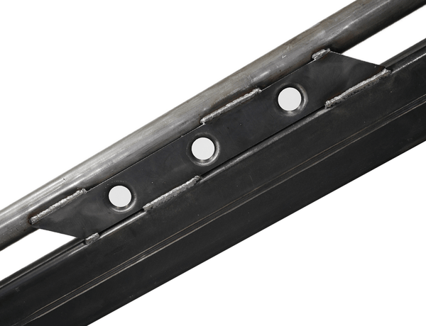 Close-up of black steel rock slider bracket with three mounting holes and welded round tubing for 80 Series Land Cruiser.