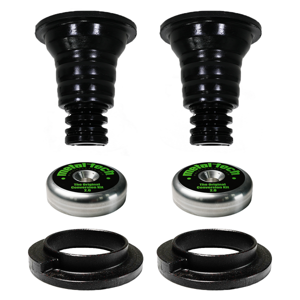 Metal Tech 4x4 GX470 rear coil conversion kit Stage 2 with key cones, showing black cones, silver spacers, and black rings.