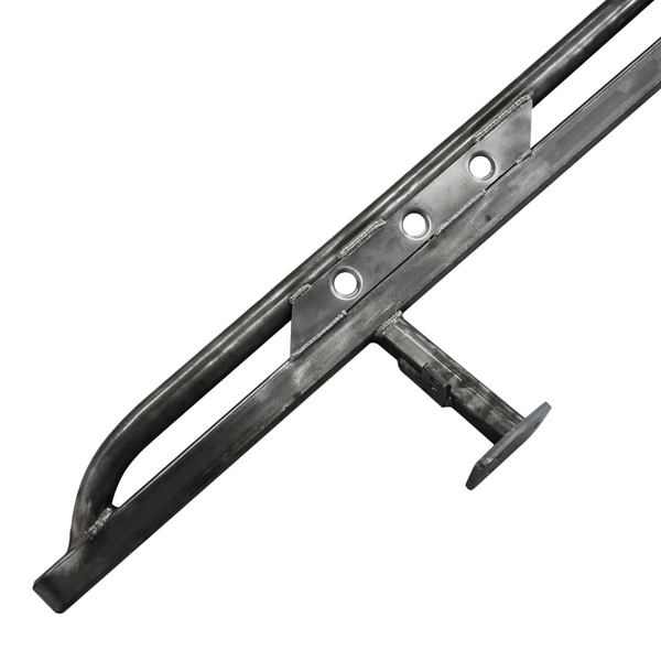 Close-up of raw steel Metal Tech 4x4 rock slider with mounting bracket for 2010-2013 Toyota 4Runner SR5 and Limited.
