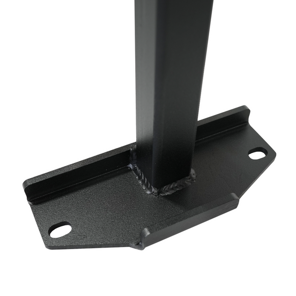Close-up of black metal mounting bracket with welded support post for Lexus GX470 rock sliders.