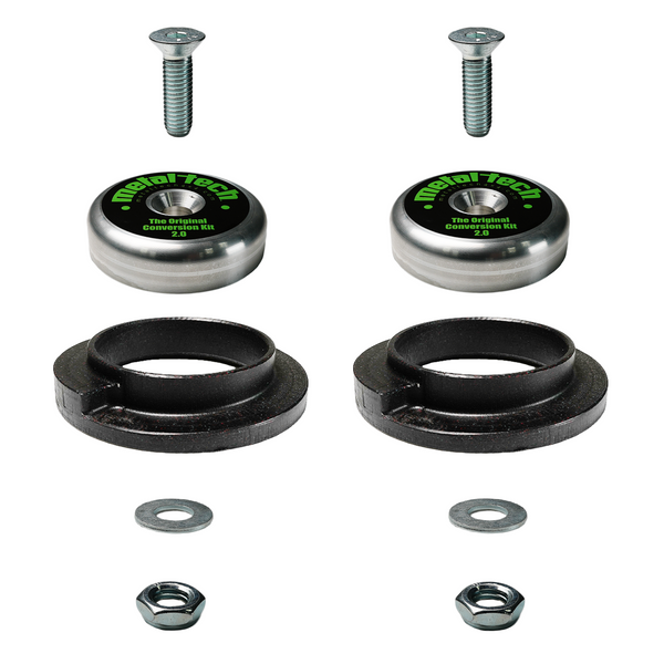 Metal Tech rear coil conversion kit components including aluminum cones, black key cones, bolts, washers, and nuts.