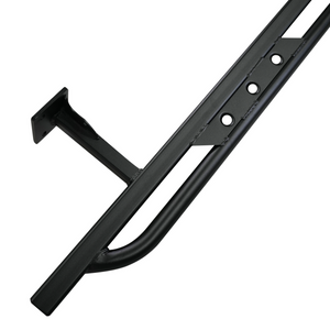 Close-up of black powder-coated metal rock slider with mounting bracket and bolt holes for Lexus GX470.