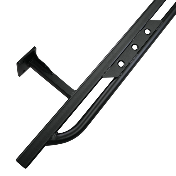 Close-up of black powder-coated metal rock slider with mounting bracket and bolt holes for Lexus GX470.