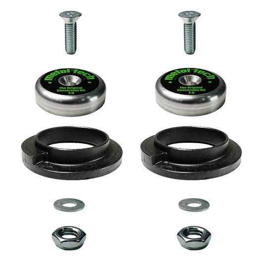 Metal Tech GX470 rear coil conversion kit parts including key cones, washers, nuts, and bolts arranged on white background.