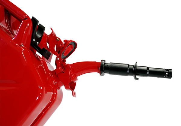 Close-up of red Wavian fuel can spout with black nozzle and open safety cap on white background.