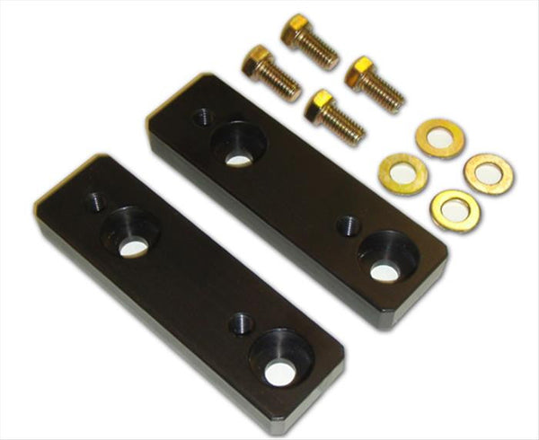 Two black billet aluminum sway bar relocation blocks with four bolts and washers for 2003-2009 Lexus GX470.