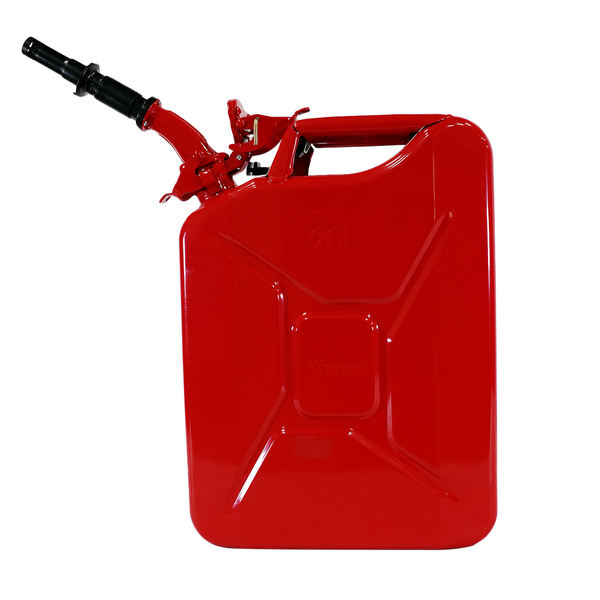 Red 20-liter metal fuel can with black spout and handle for safe fuel storage and transport.