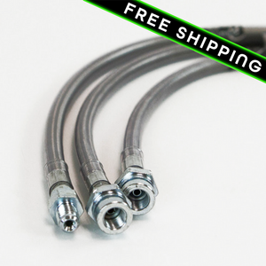 Close-up of three stainless steel extended brake lines with fittings for 80 Series Land Cruiser lifts 3 to 6 inches.