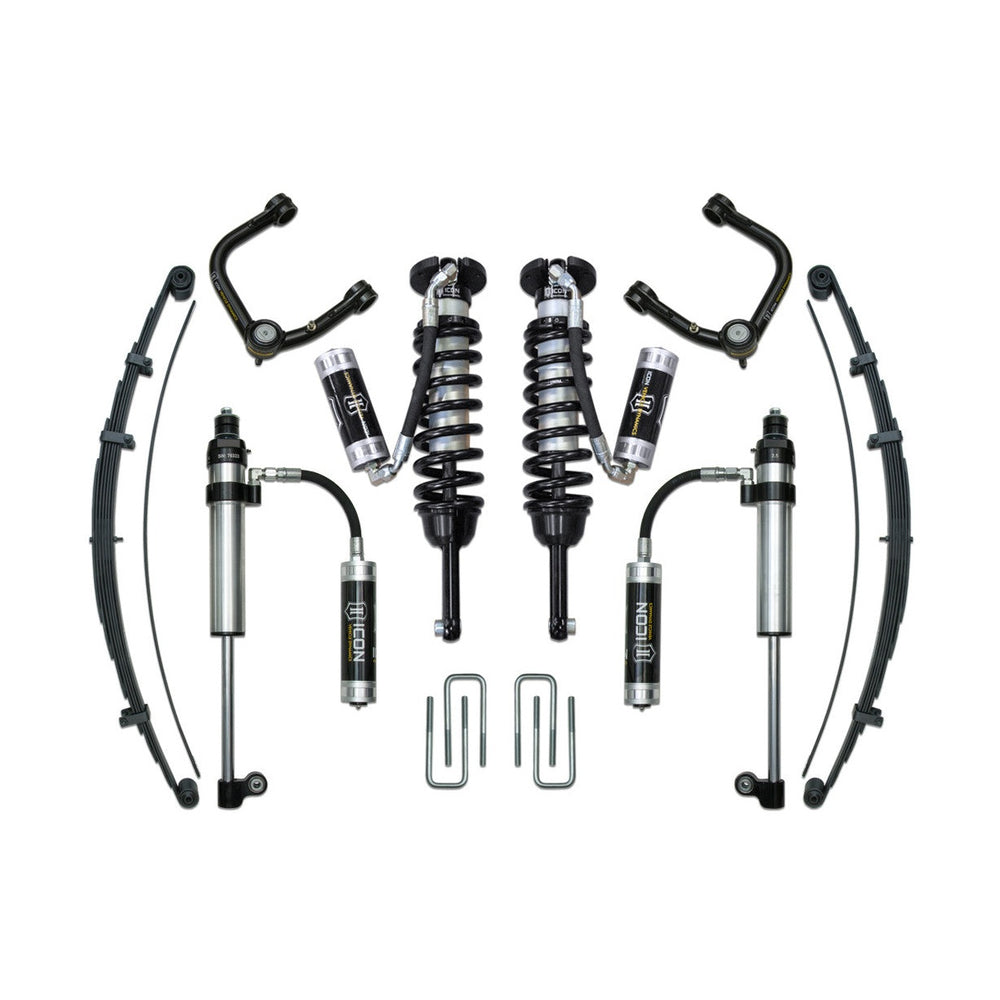 Complete Icon Stage 8 tubular suspension system with shocks, springs, leaf springs, and control arms for 2016+ Toyota Tacoma.