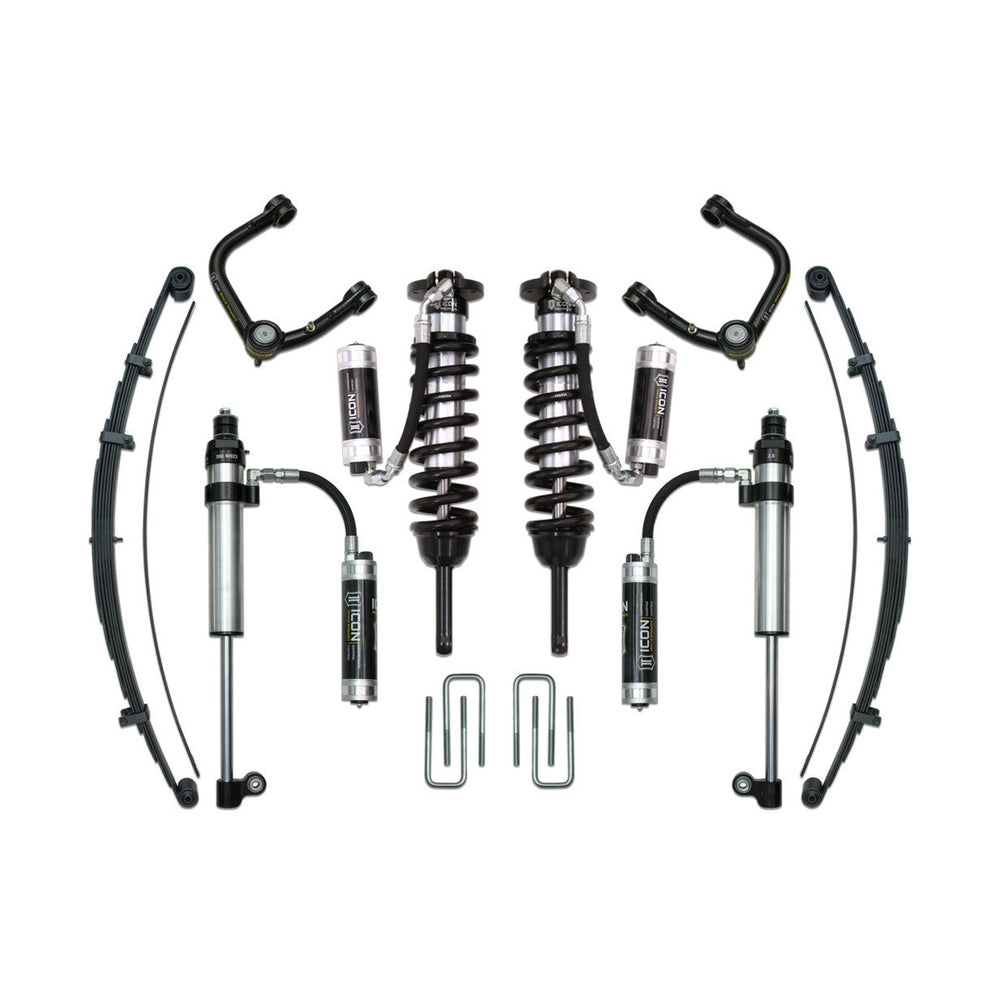 Complete Icon Stage 9 tubular suspension system with shocks, coilovers, leaf springs, and control arms for 2016+ Toyota Tacoma.