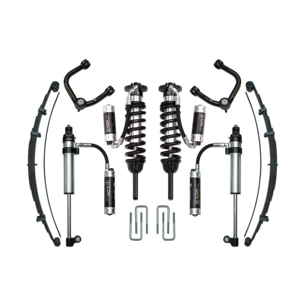 Complete Icon Stage 9 tubular suspension system with shocks, coilovers, leaf springs, and control arms for 2016+ Toyota Tacoma.