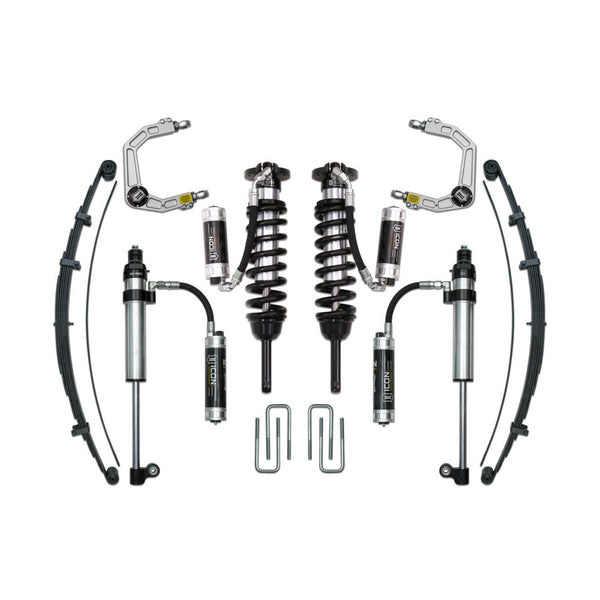 Complete suspension system kit with coilovers, shocks, leaf springs, and control arms for 2016+ Toyota Tacoma.