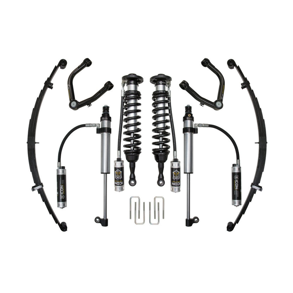 Complete suspension system with coilovers, tubular upper control arms, leaf springs, and shocks for 2007+ Toyota Tundra.