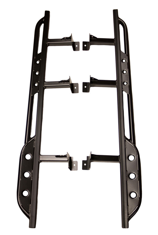 Pair of black metal side sliders with mounting brackets for 2016 Tacoma Access Cab, shown on white background.