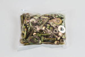 Clear plastic bag containing assorted gold-toned bolts, nuts, and washers for FJ40 Land Cruiser roll cage replacement.