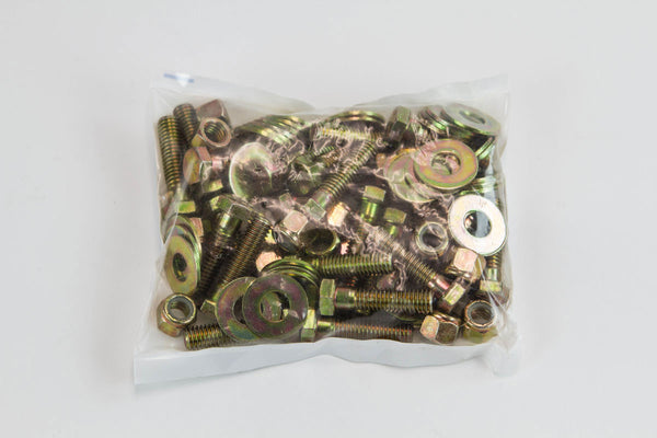 Clear plastic bag containing assorted gold-toned bolts, nuts, and washers for FJ40 Land Cruiser roll cage replacement.