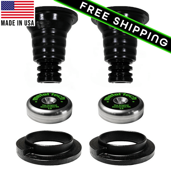 Metal Tech rear coil conversion kit stage 2 with key cones, showing all black and silver components side by side.