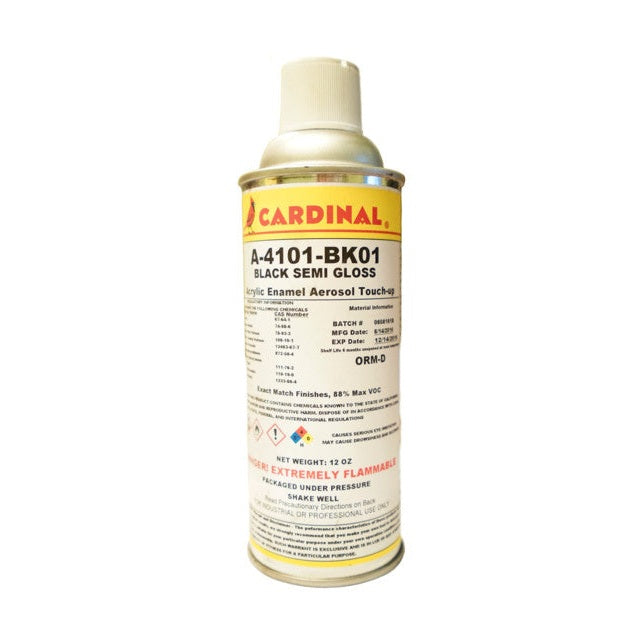 Cardinal A-4101-BK01 black semi-gloss acrylic enamel spray paint can, 12 oz aerosol touch-up.