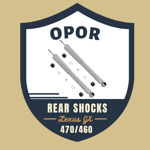 Pair of gray replacement rear shocks with mounting hardware for Lexus GX 470 and 460, Comfort Ride Plus model.