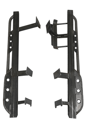 Pair of black metal rock sliders for 80 Series Land Cruiser LX450, showing mounting brackets and reinforced steel construction.
