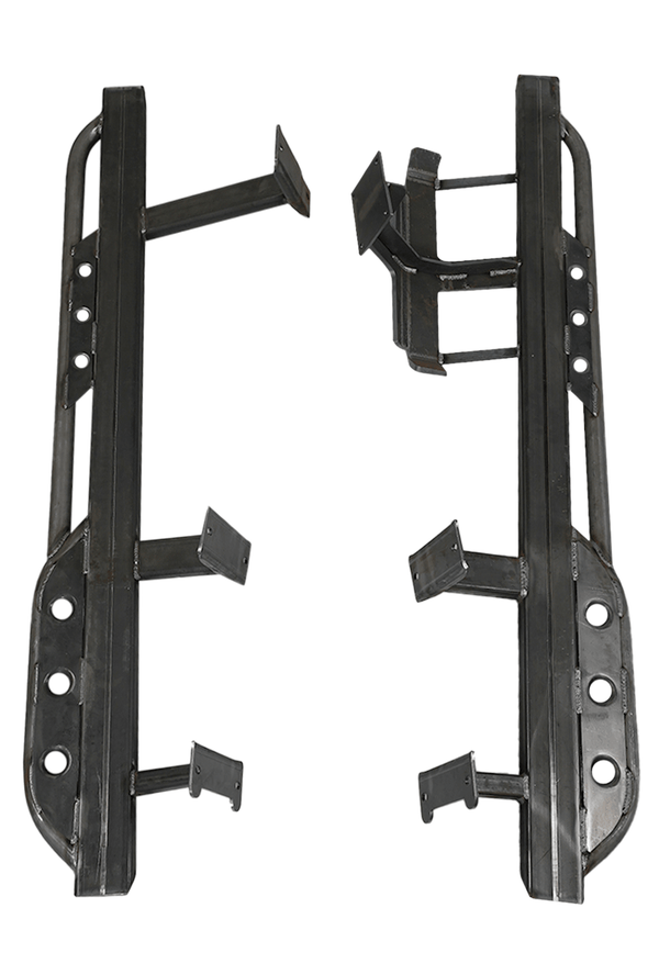 Pair of black metal rock sliders for 80 Series Land Cruiser LX450, showing mounting brackets and reinforced steel construction.
