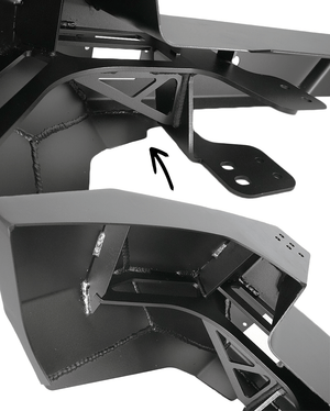 Close-up of black powder-coated steel welds and mounting bracket on rear swing-out bumper for FJ Cruiser.