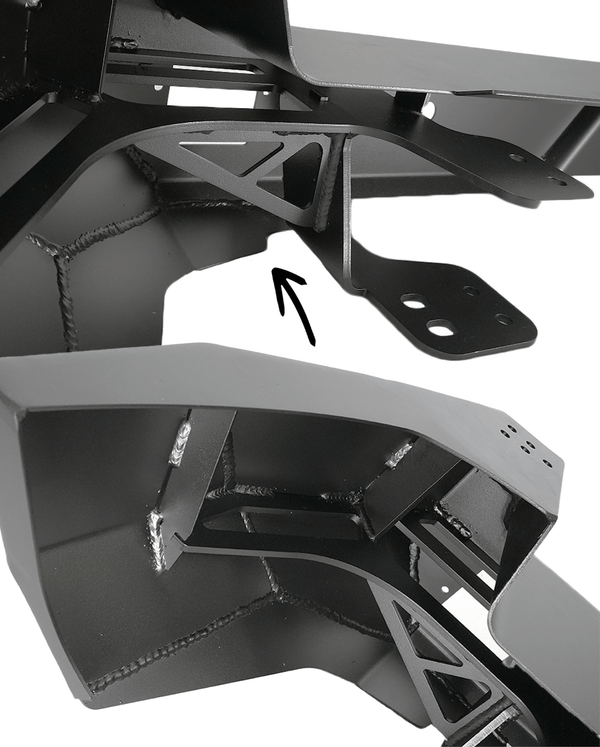 Close-up of black powder-coated steel welds and mounting bracket on rear swing-out bumper for FJ Cruiser.