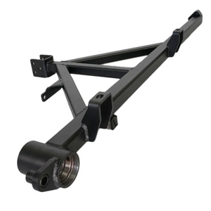 Black metal full shell rear swing-out bumper frame for FJ Cruiser, angled close-up showing welds and mounting points.