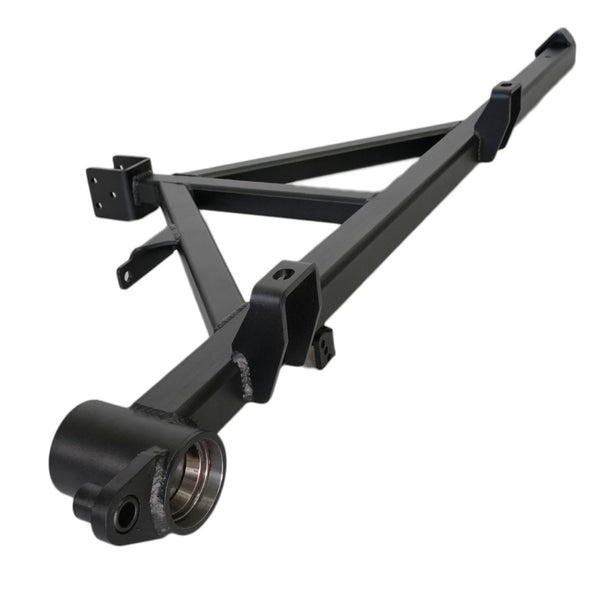 Black metal full shell rear swing-out bumper frame for FJ Cruiser, angled close-up showing welds and mounting points.