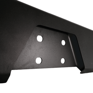 Close-up of black metal full shell rear swing-out bumper mounting plate with four bolt holes.