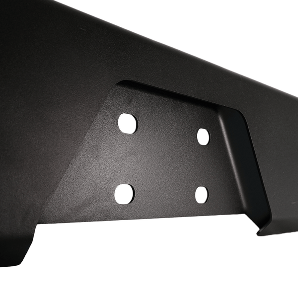 Close-up of black metal full shell rear swing-out bumper mounting plate with four bolt holes.