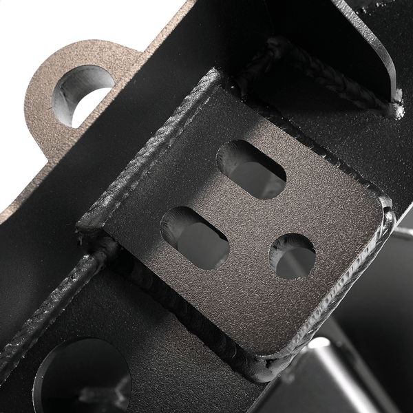 Close-up of black powder-coated steel welds and mounting holes on Metal Tech Fortress front bumper for 5th Gen 4Runner.