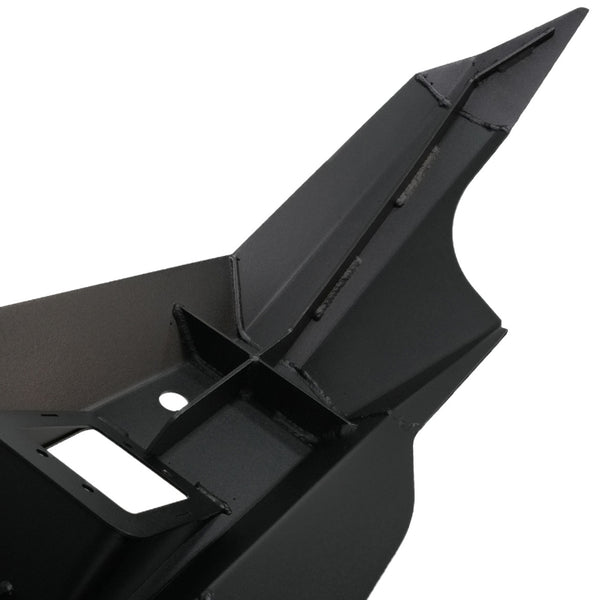 Close-up of black powder-coated steel corner section of Metal Tech Fortress front bumper for 2014-2019 5th Gen 4Runner.