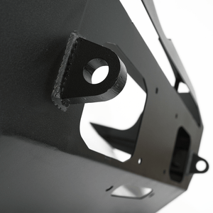 Close-up of black powder-coated steel mounting bracket on Metal Tech Fortress front bumper for 5th Gen 4Runner.