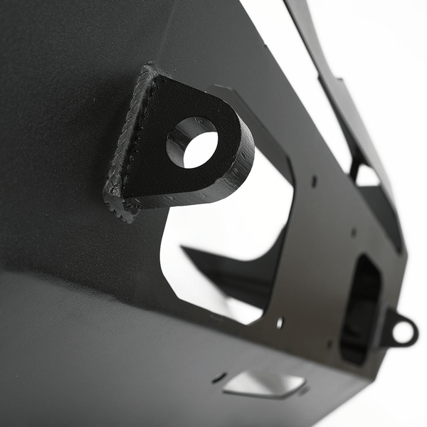 Close-up of black powder-coated steel mounting bracket on Metal Tech Fortress front bumper for 5th Gen 4Runner.
