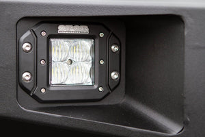Close-up of square LED off-road light mounted in the Metal Tech Fortress front bumper for 2014-2019 5th Gen 4Runner.