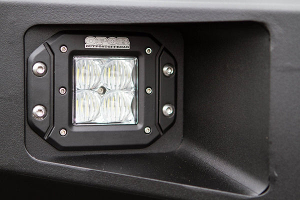 Close-up of square LED off-road light mounted in the Metal Tech Fortress front bumper for 2014-2019 5th Gen 4Runner.