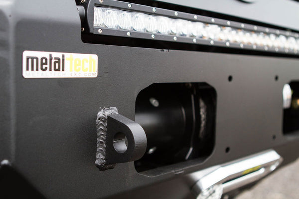 Close-up of Metal Tech Fortress front bumper for 5th Gen 4Runner showing welds and integrated LED light bar.