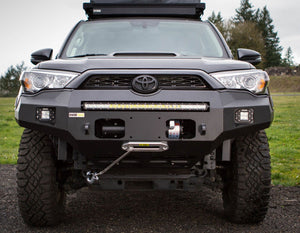Front view of 5th Gen Toyota 4Runner with Metal Tech Fortress steel front bumper, winch, and LED light bar installed.