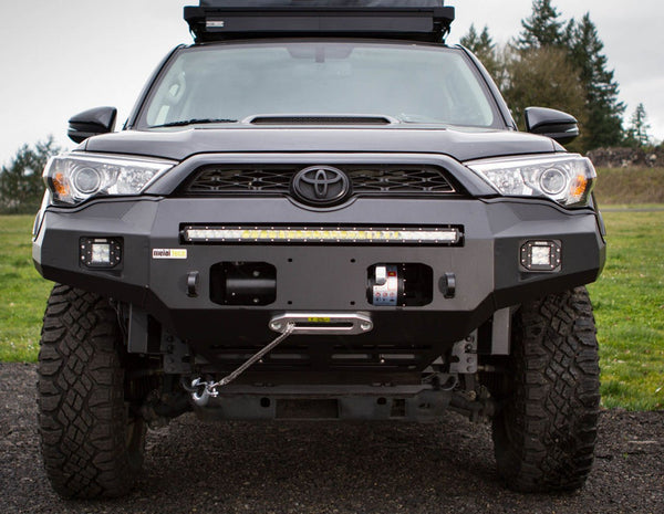 Front view of 5th Gen Toyota 4Runner with Metal Tech Fortress steel front bumper, winch, and LED light bar installed.