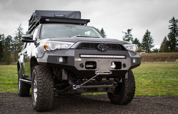 Front view of 5th Gen 4Runner with Metal Tech Fortress steel front bumper and mounted LED light bar.