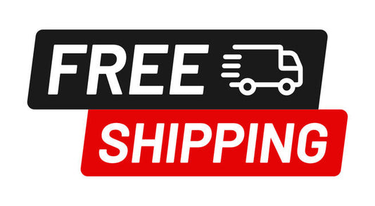 Free shipping icon with a delivery truck graphic in black and red rectangular blocks.