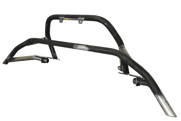 Raw metal front tube bumper for FJ Cruiser with mounting brackets and angled design.